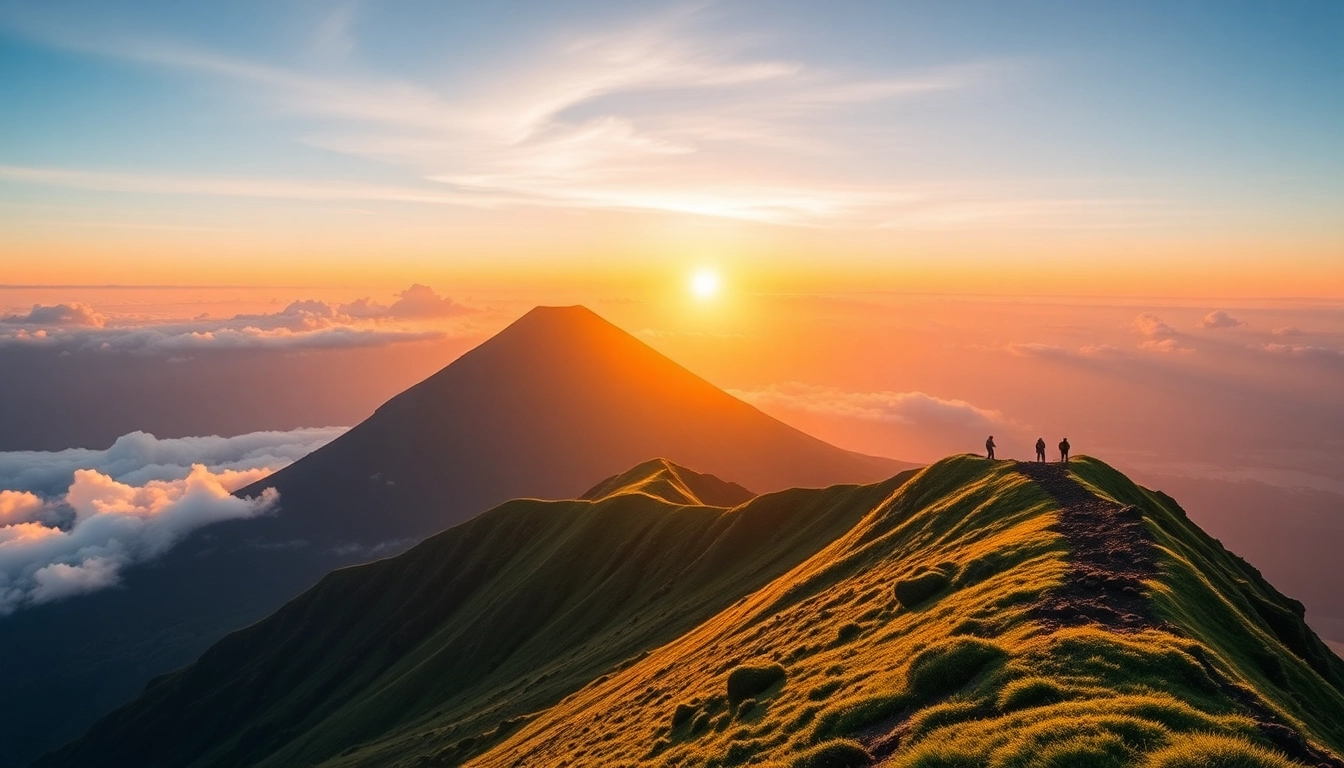 Mount Rinjani’s towering volcano with lush slopes and hikers trekking, showcasing its natural beauty and adventure appeal.