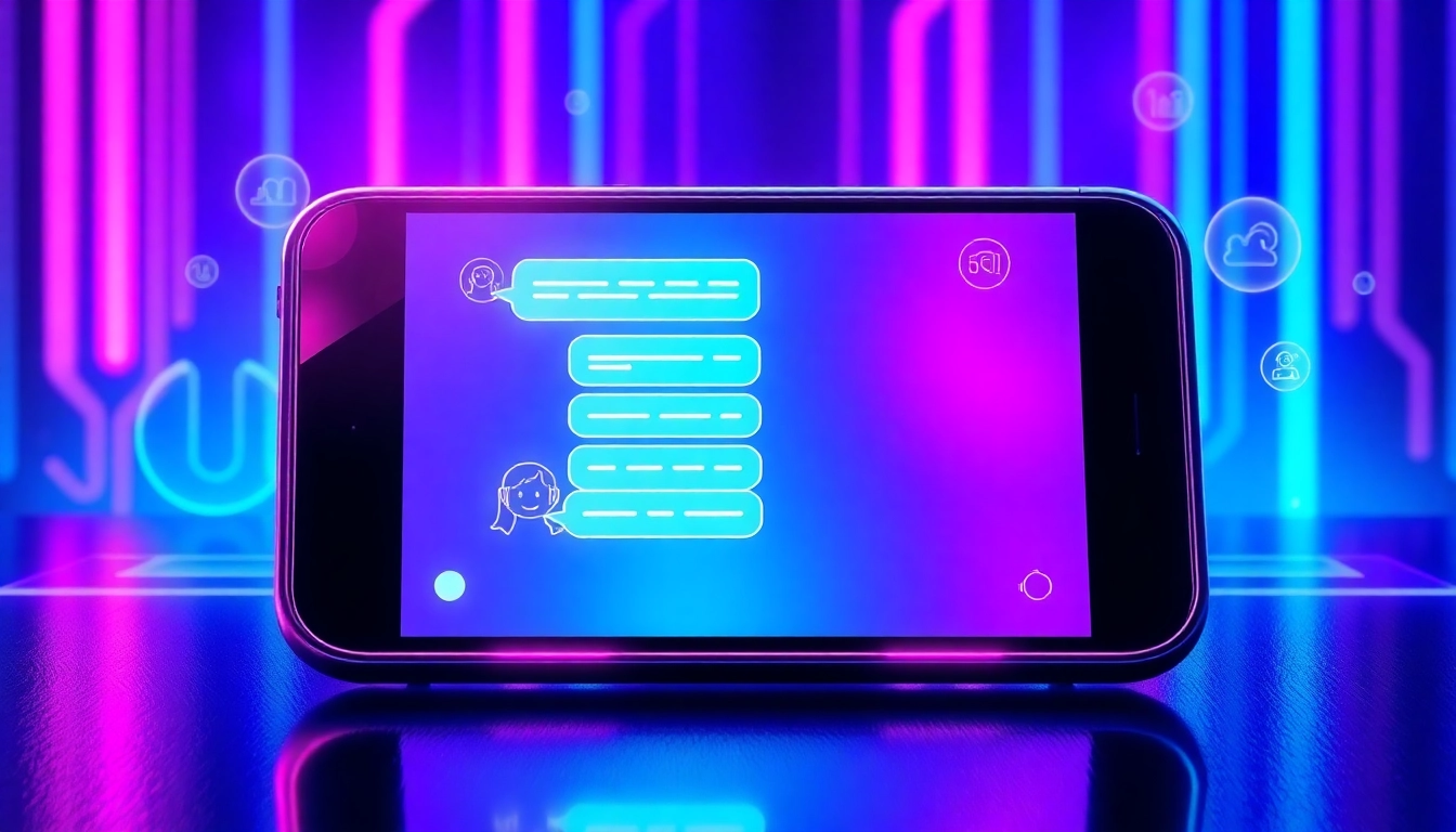 Futuristic digital chat interface with neon colors and holographic elements on a modern device.