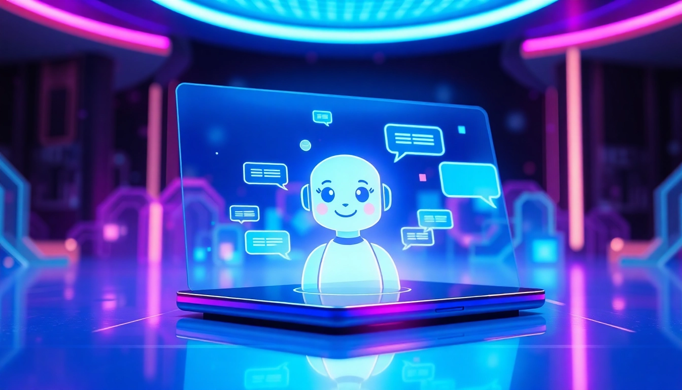 Futuristic AI chatbot interface with a friendly virtual avatar in a neon-lit digital environment.