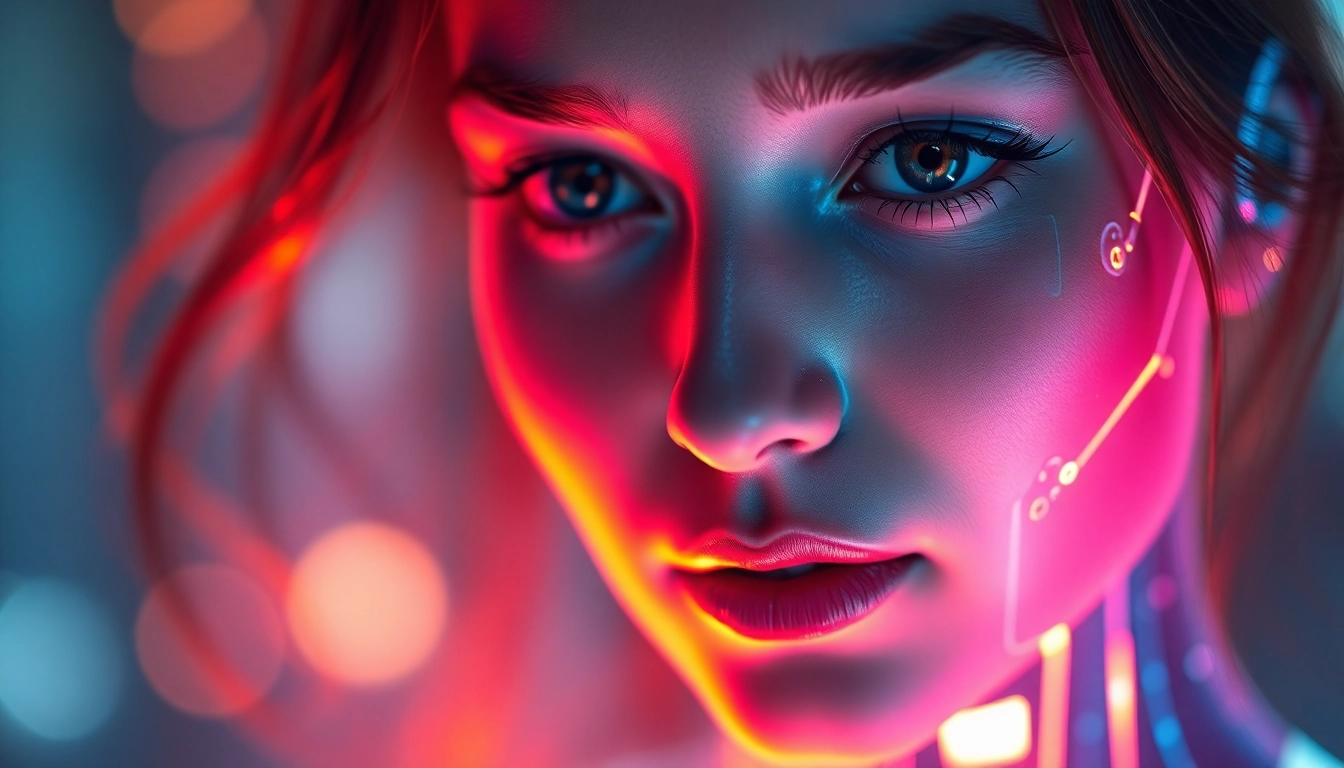AI girlfriend engaging in a realistic virtual conversation via hologram with warm, inviting glow for accessible digital companionship.