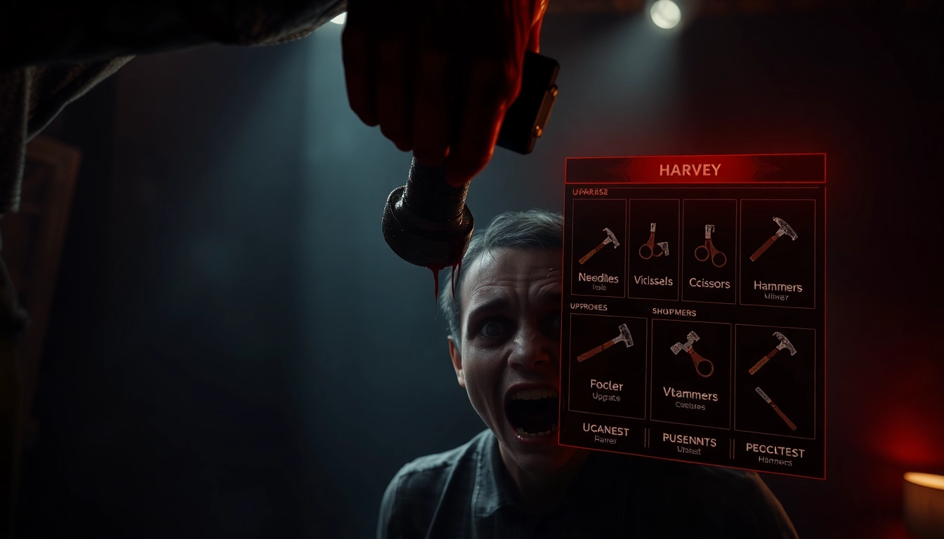 A disturbing scene of a hand holding a bloody hammer over a distressed Harvey in a dark, tense setting.