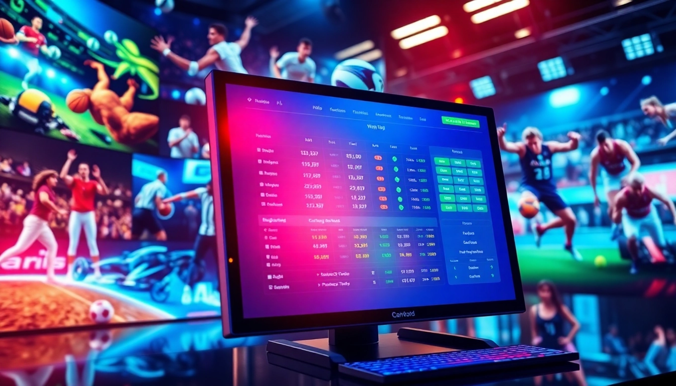 An online sports betting platform interface with sports imagery and vibrant colors, representing excitement and winning opportunities.