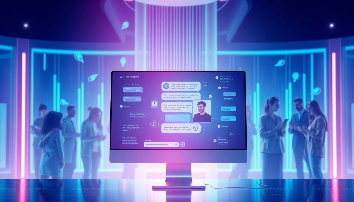 A futuristic scene of people interacting with AI chatbots on various devices in a high-tech environment.