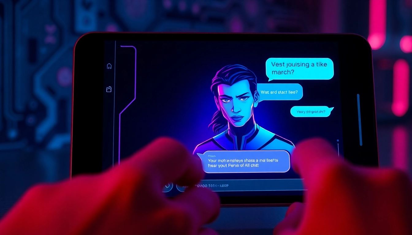 Futuristic AI chatbot interface on a device screen with neon accents and an alluring character avatar.
