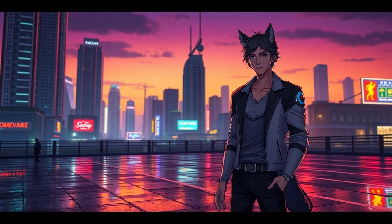 Futuristic urban scene featuring two humanoid characters with animalistic traits at dusk, illuminated by neon lights.